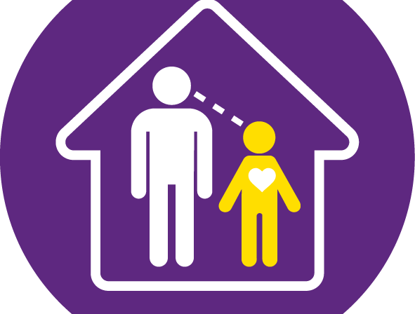 A purple icon of a house and two people demonstrating 'subjective well-being'