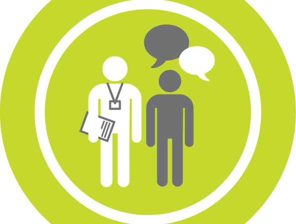 A green icon showing a worker in conversation with their young person